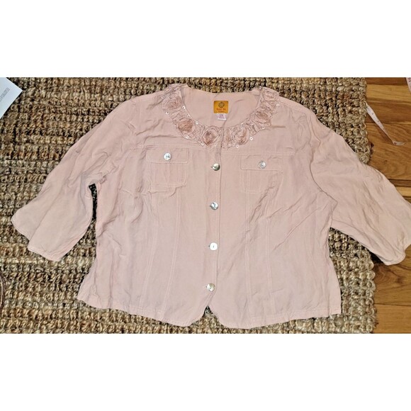 Ruby Rd Jacket/ Top Women 20W Peach Pink Rose Embellished Neck Linen Fairycore - Picture 1 of 14